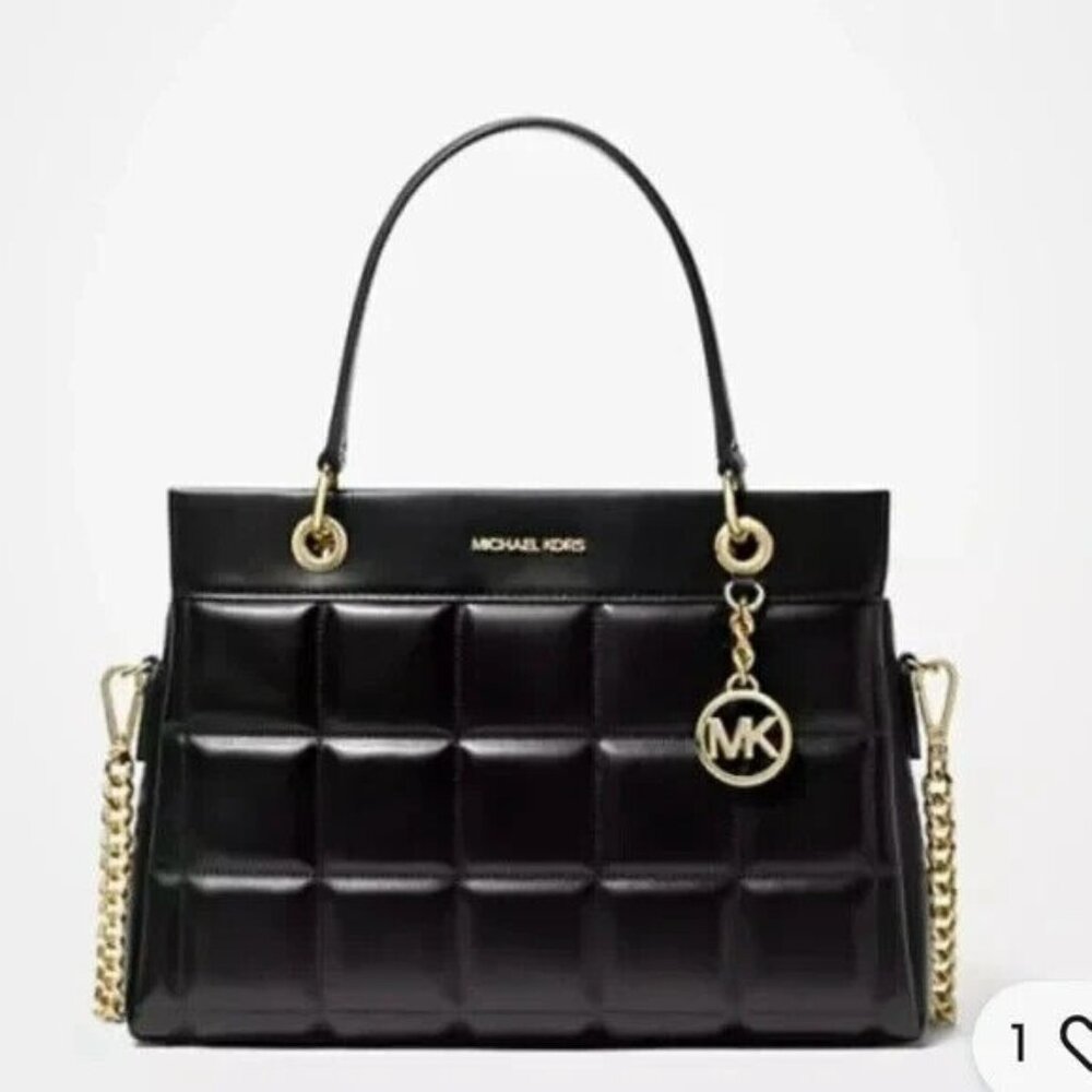 Michael Kors Susan Satchel Handbag Medium Shoulder Tote Checkered Leather Black